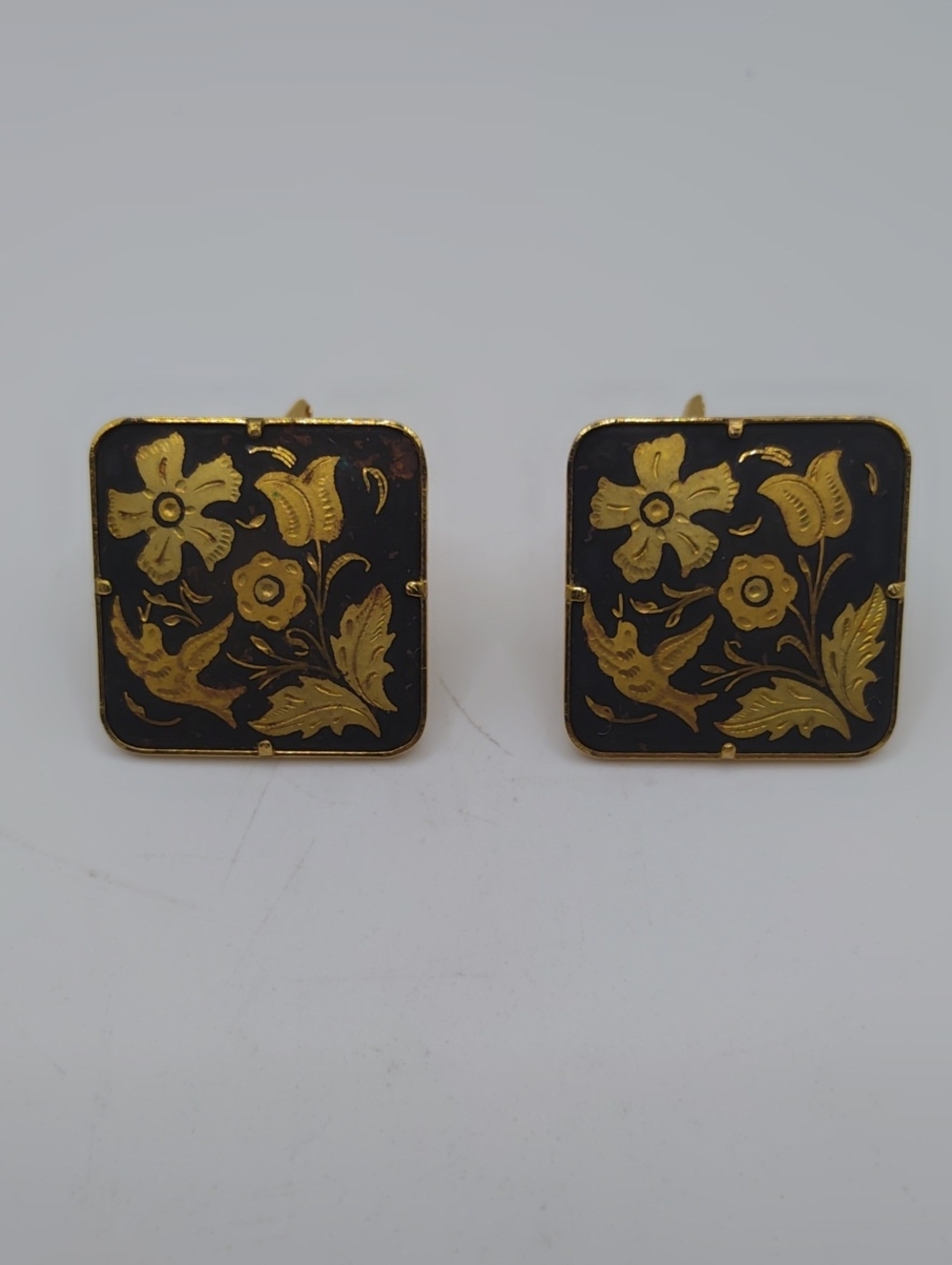 Damascene Square Bird and Flower Cufflinks Vintage